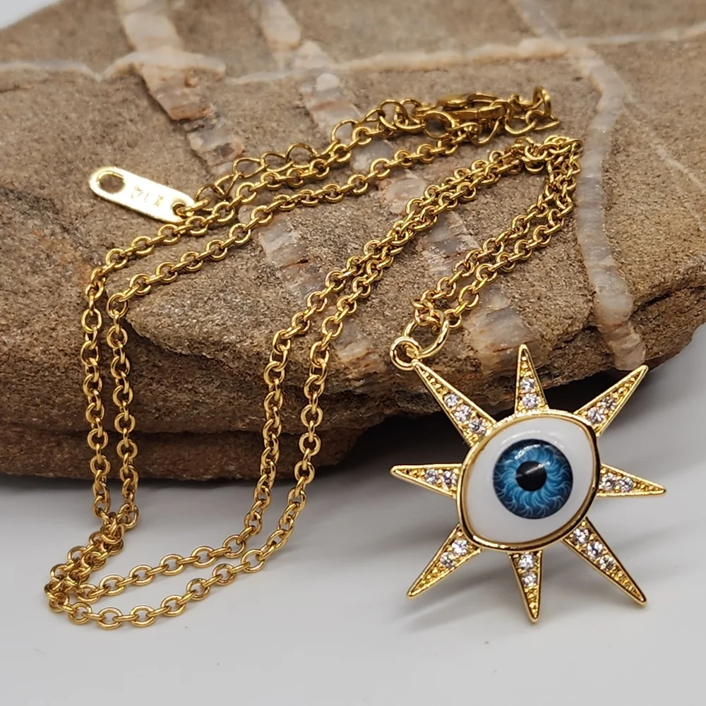 Rhodium 14K Gold Plated Chain Moroccan Evil Eye Star Mystic Pendant